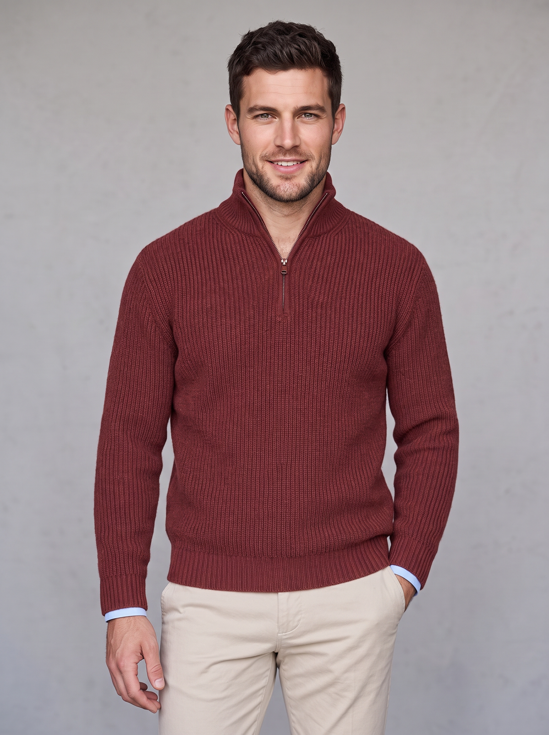 Man wearing red cashmere rib-knit quarter-zip sweater, front view