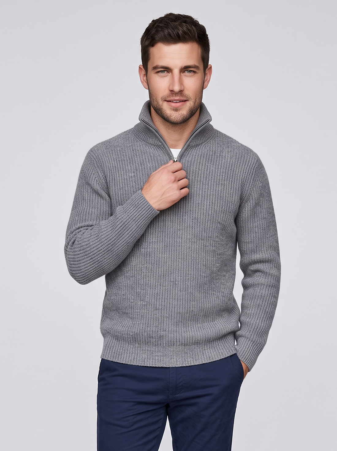 Gray cashmere rib-knit quarter-zip sweater on model