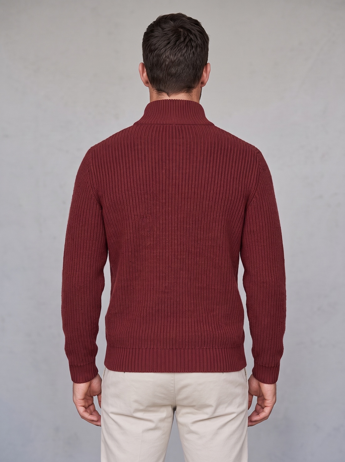 Man wearing red cashmere rib-knit quarter-zip sweater, front view