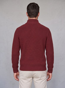 Red cashmere quarter-zip sweater with high collar, back view