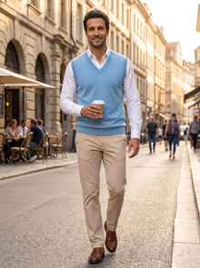 Man walking in city street wearing blue merino sweater vest