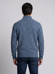 Blue merino wool full-zip cardigan, back view