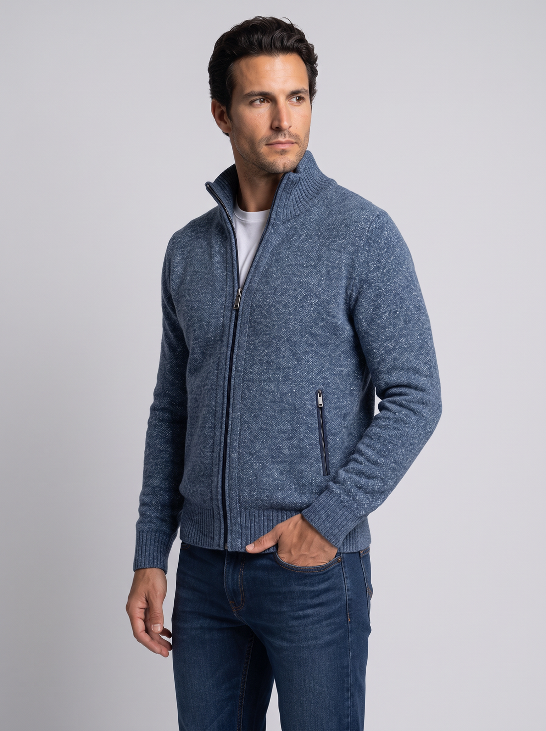 Blue merino zip-up cardigan for men, side view
