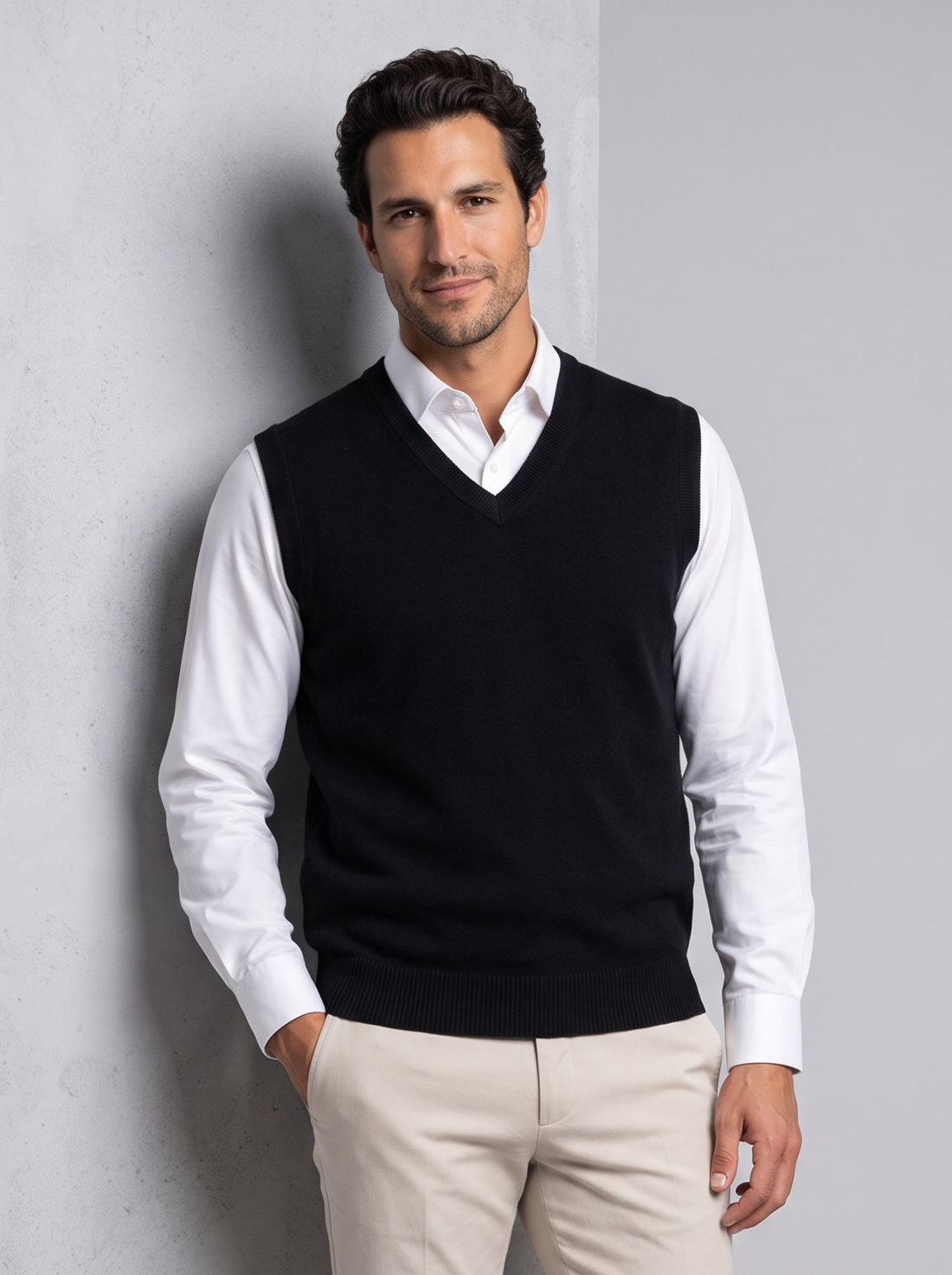 Man leaning on wall in black merino wool sweater vest