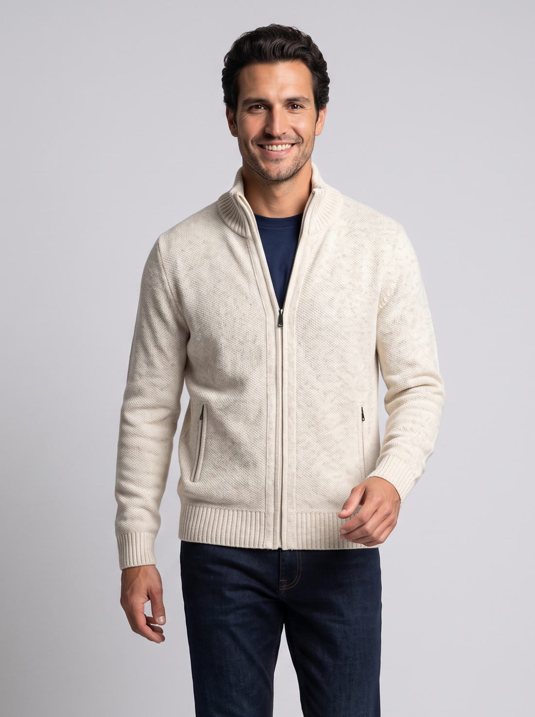Man walking in cream merino wool full-zip cardigan
