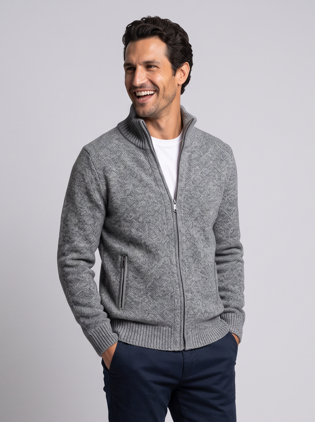 Laughing man in grey merino wool full-zip cardigan