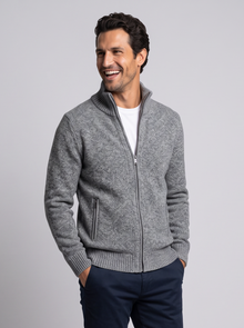 Laughing man in grey merino wool full-zip cardigan