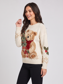 Women's bear Christmas sweater, side view with bear and holly detail