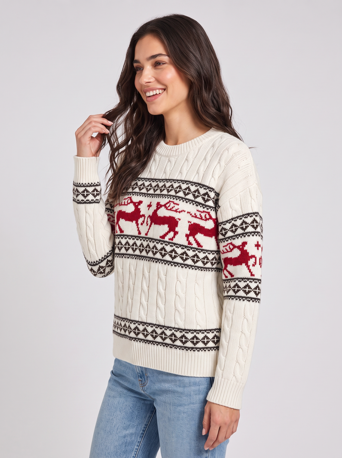 Ivory Fair Isle reindeer Christmas sweater, side view with cable knit sleeve