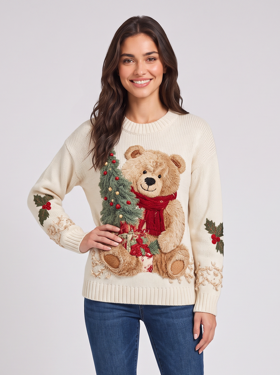 Woman wearing cream teddy bear Christmas sweater with tree appliqué, front view