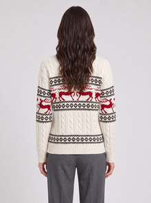 Ivory Aran cable reindeer Christmas sweater, back view