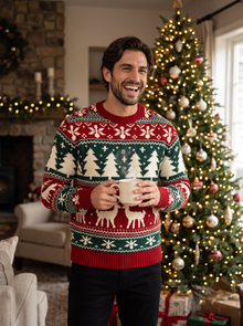 Man wearing red reindeer Christmas jumper by the Christmas tree