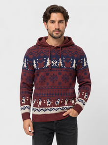 Men's burgundy reindeer hooded Christmas jumper