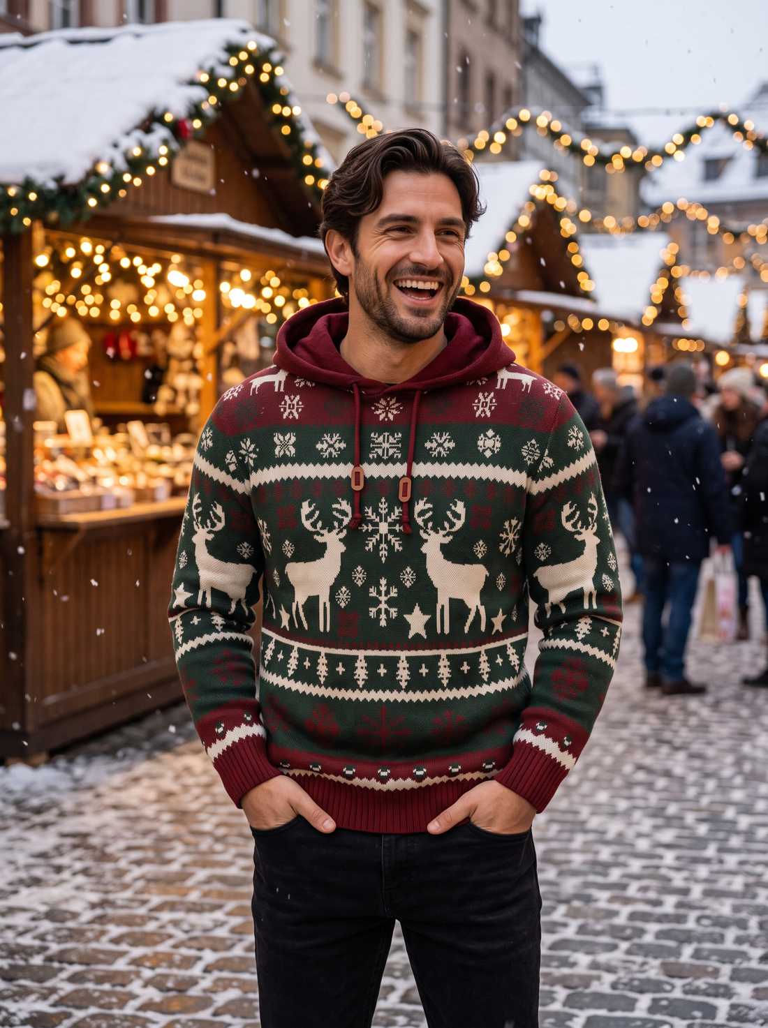 Man wearing reindeer hooded Christmas jumper at a Christmas market
