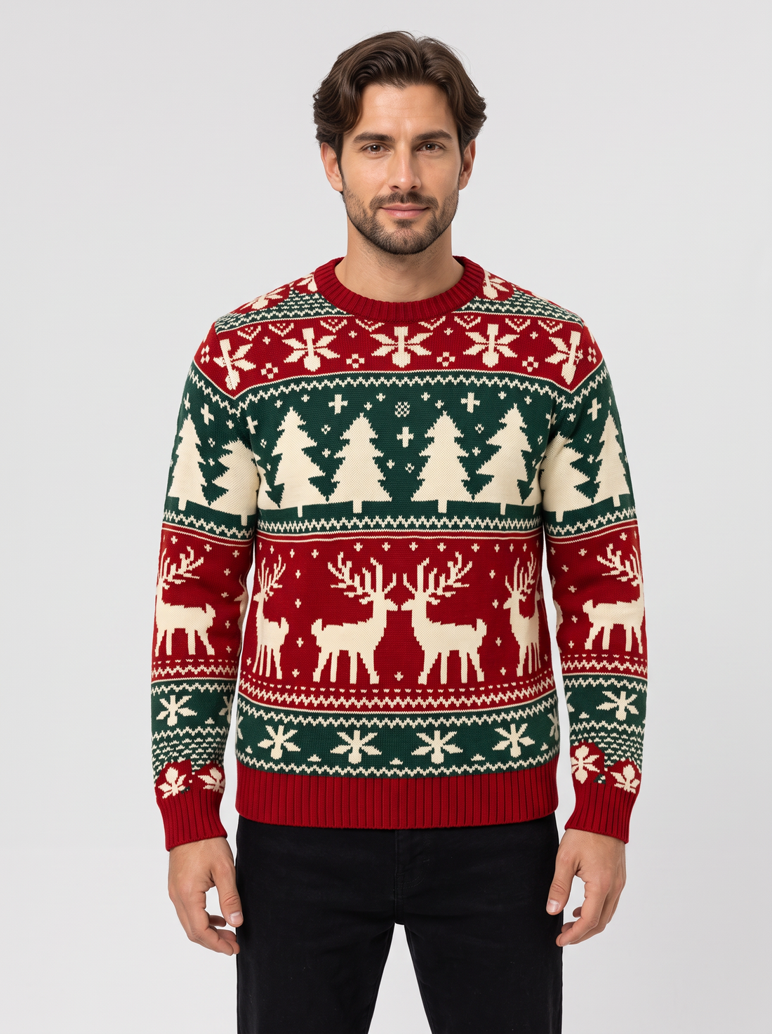 Men's red Christmas jumper with reindeer and tree pattern, front view