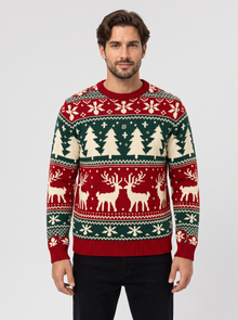 Men's red Christmas jumper with reindeer and tree pattern, front view