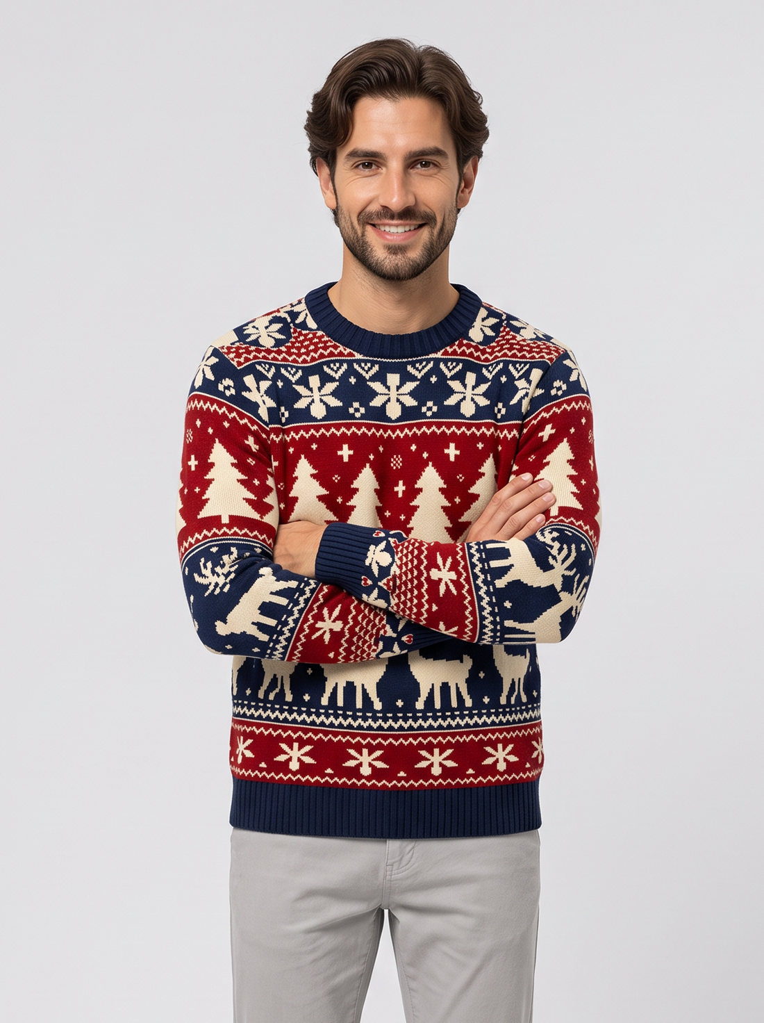 Men's blue Christmas jumper with reindeer and tree pattern