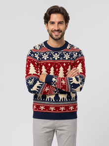 Men's blue Christmas jumper with reindeer and tree pattern