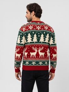 Men's red Christmas jumper with reindeer and tree pattern, back view