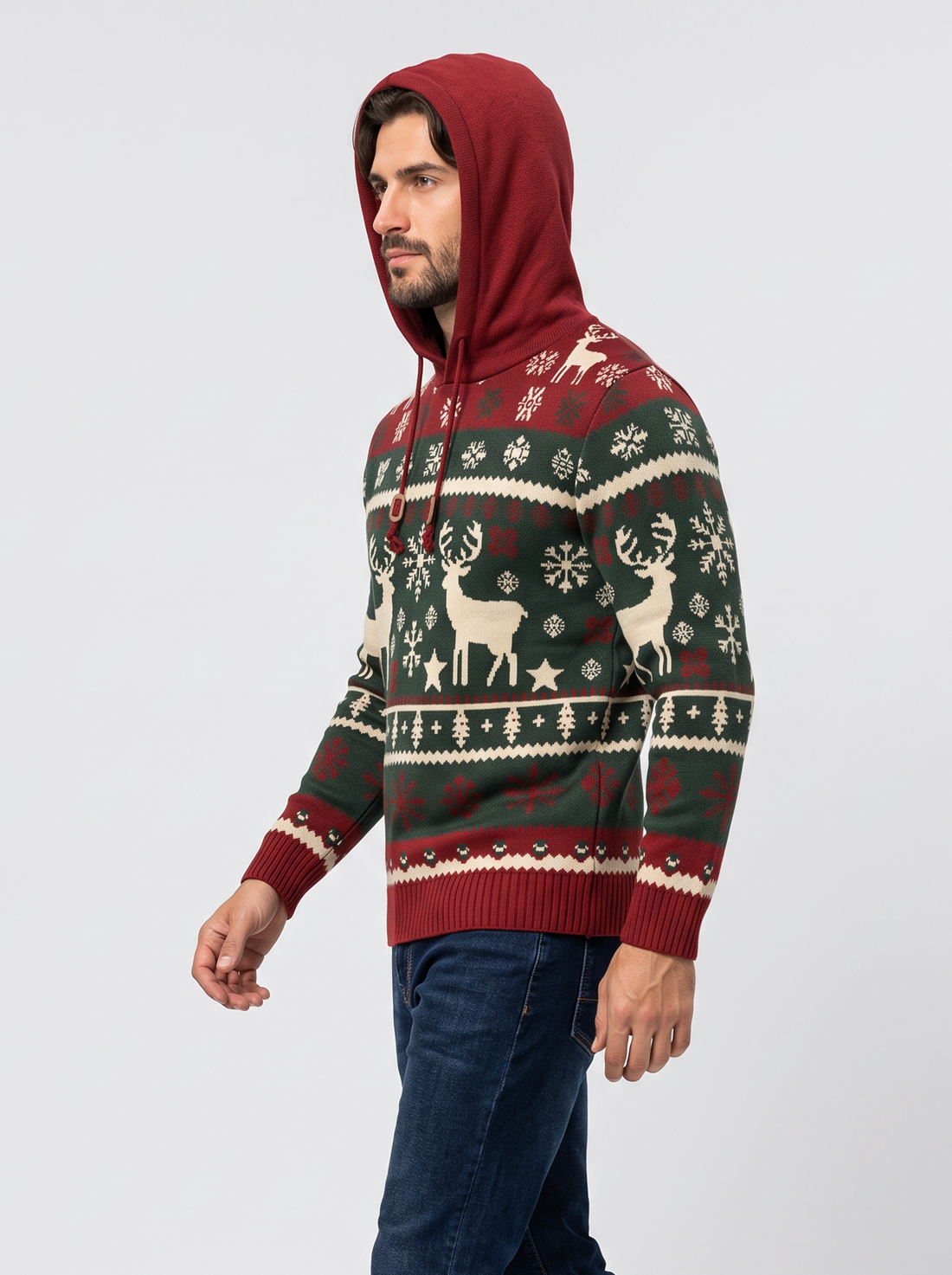 Men's green reindeer hooded Christmas jumper, side view with hood up