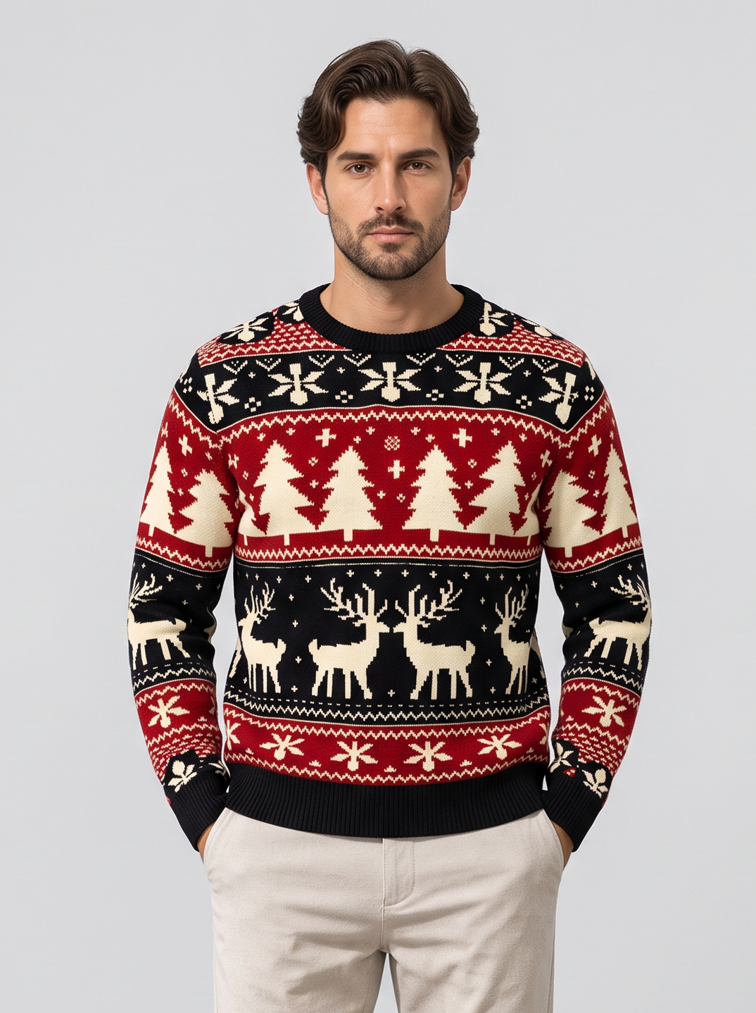 Men's black Christmas jumper with reindeer and tree pattern