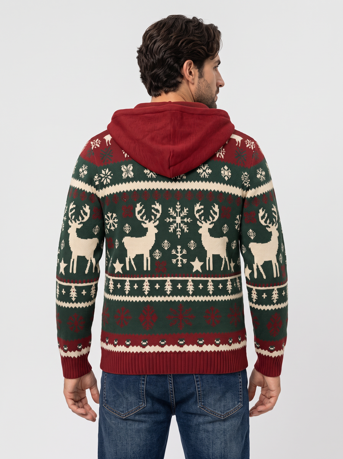 Men's green reindeer hooded Christmas jumper, front view