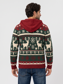 Men's green reindeer hooded Christmas jumper, back view