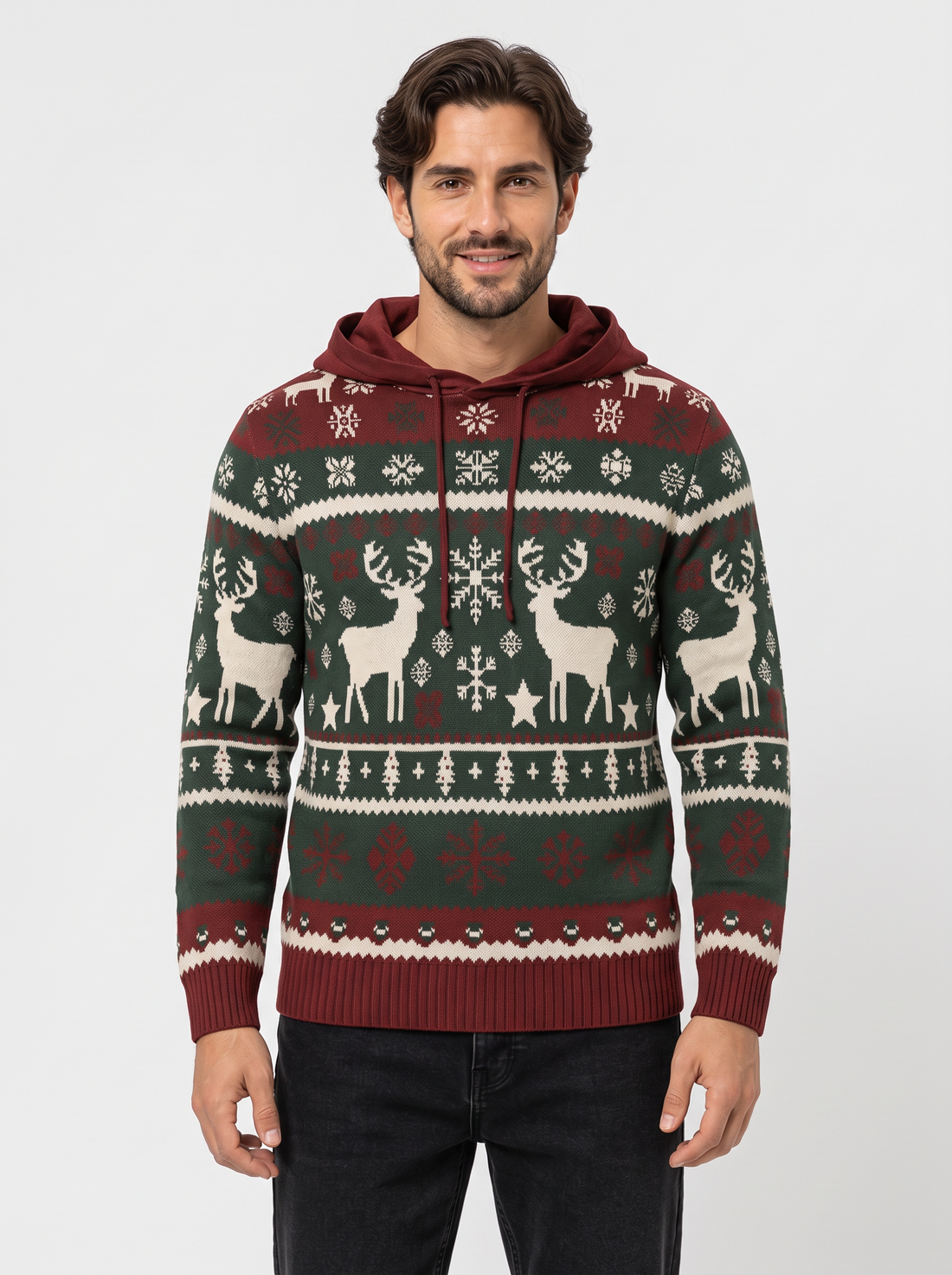 Men's green reindeer hooded Christmas jumper, front view