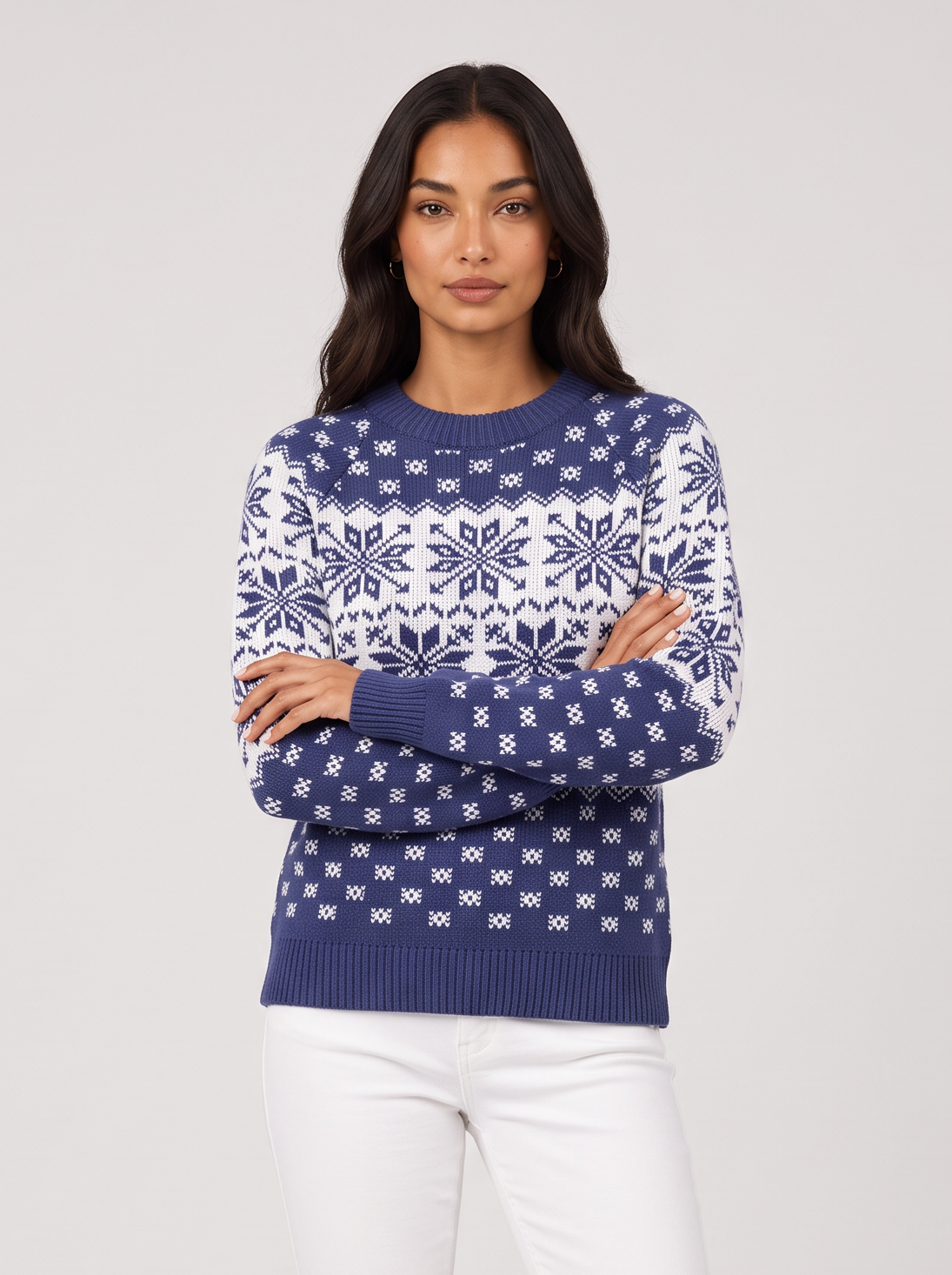 Women's blue Fair Isle holiday sweater with snowflake pattern