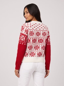 Women's red Fair Isle holiday sweater, back view