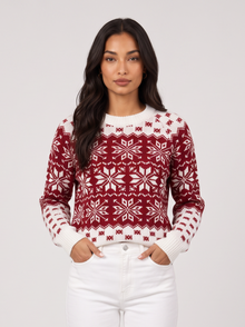 Women's dark red Fair Isle holiday sweater with snowflake pattern