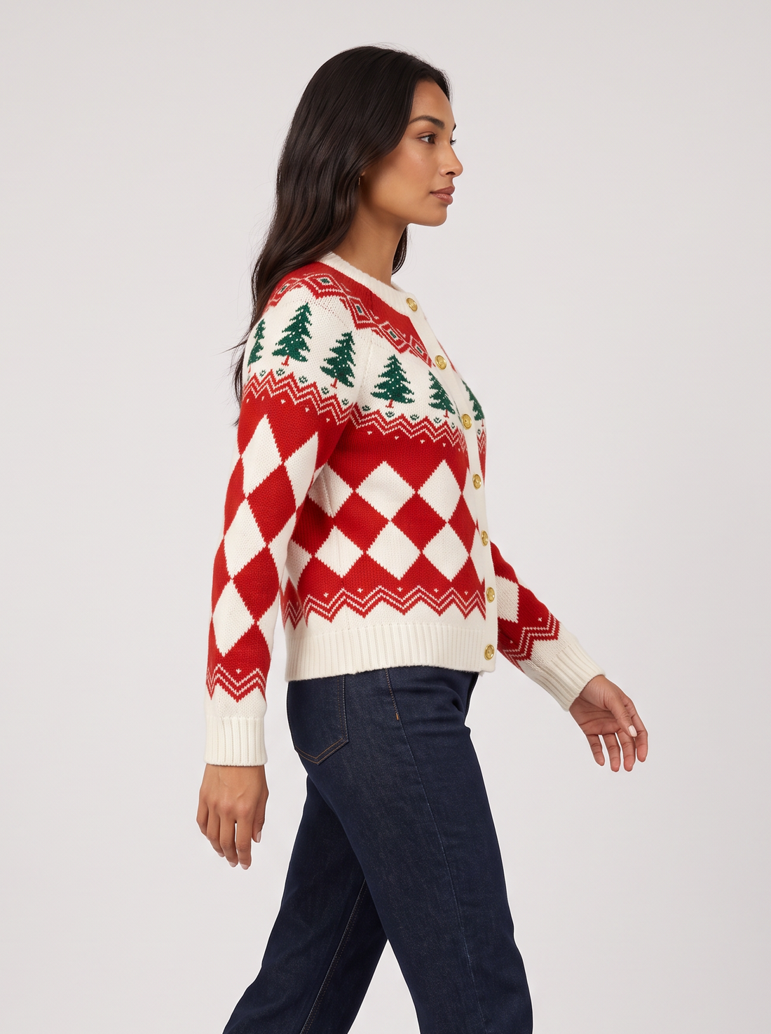 Women's red Christmas tree button-front knit cardigan, side view