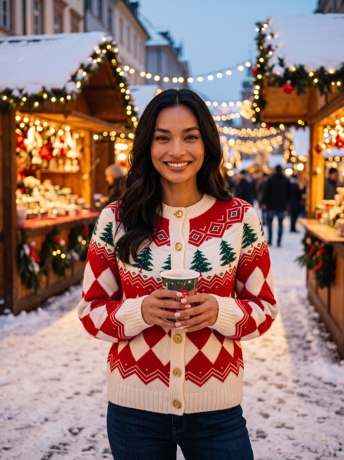 Woman wearing red Christmas tree cardigan at a Christmas market