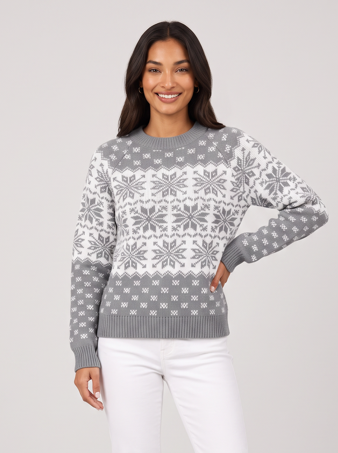 Women's grey Fair Isle holiday sweater with snowflake pattern
