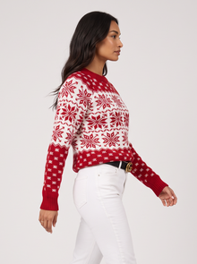 Women's red Fair Isle holiday sweater, side view