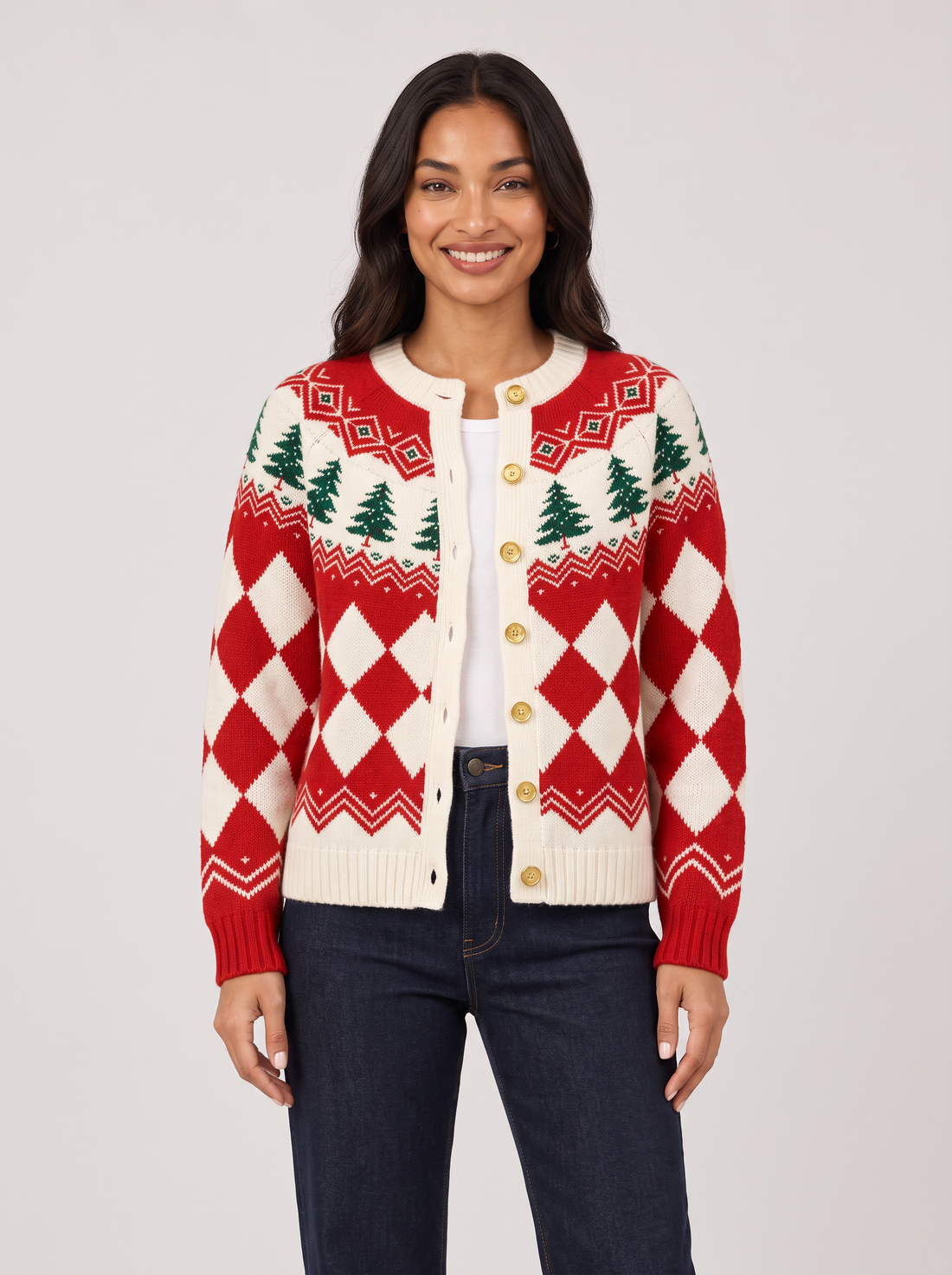 Women's red Christmas tree button-front knit cardigan, front view