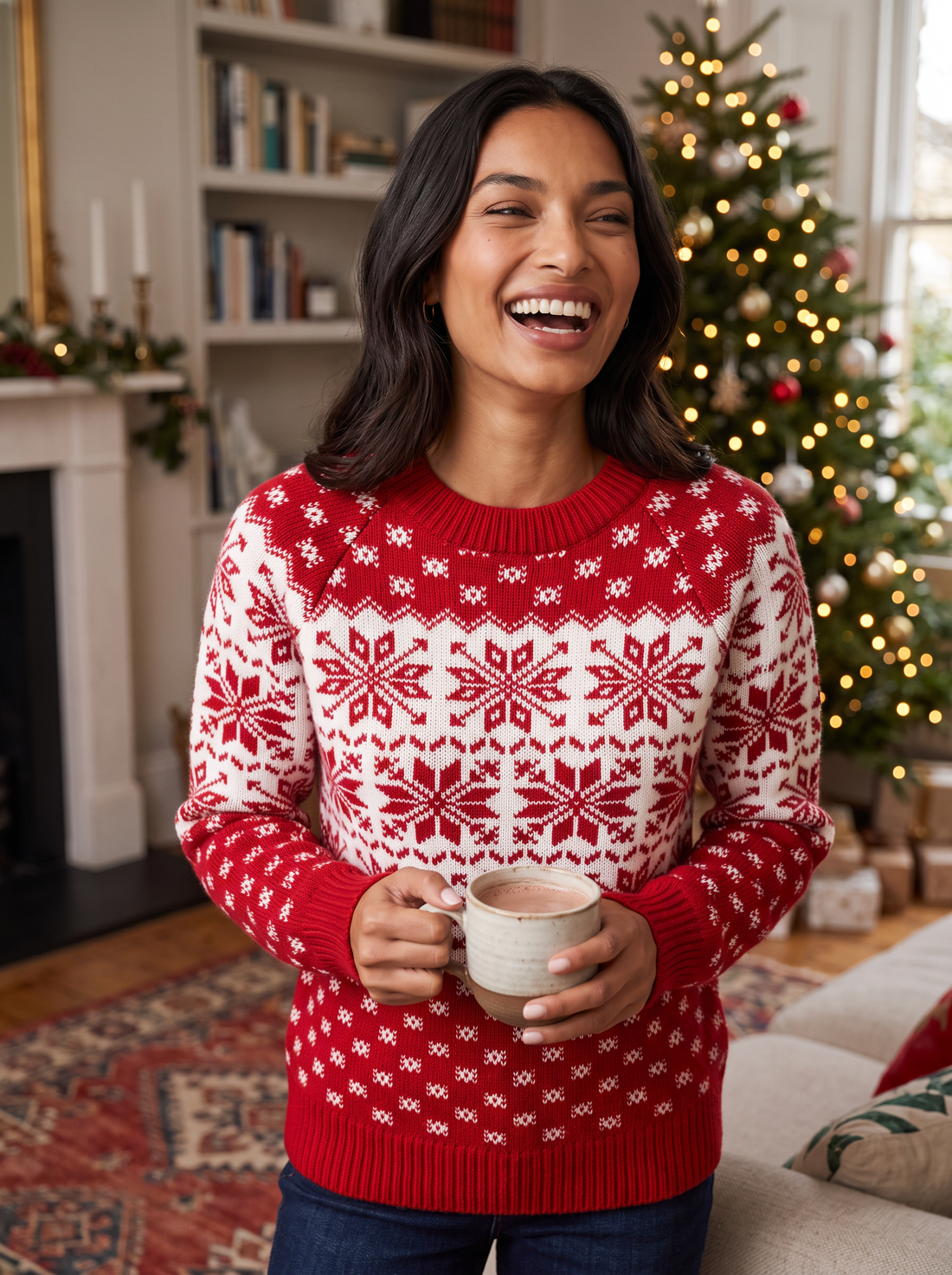 Woman wearing red Fair Isle Christmas sweater by the Christmas tree