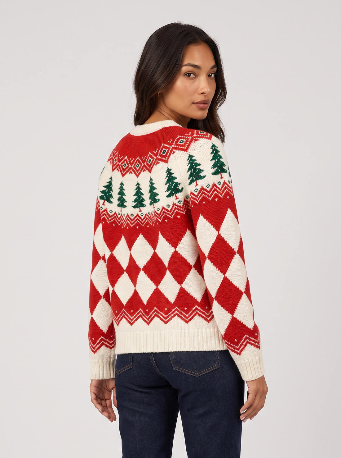 Women's red Christmas tree button-front knit cardigan, front view