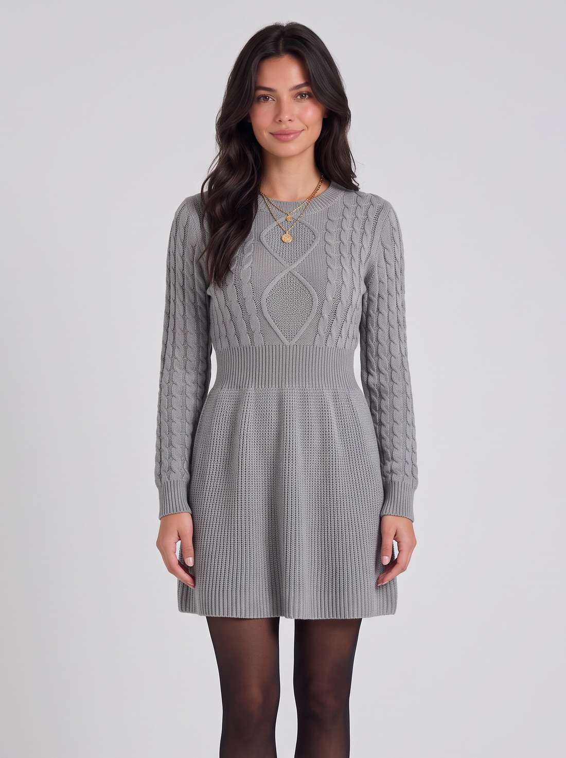 Women's grey cable-knit Christmas sweater dress, front view