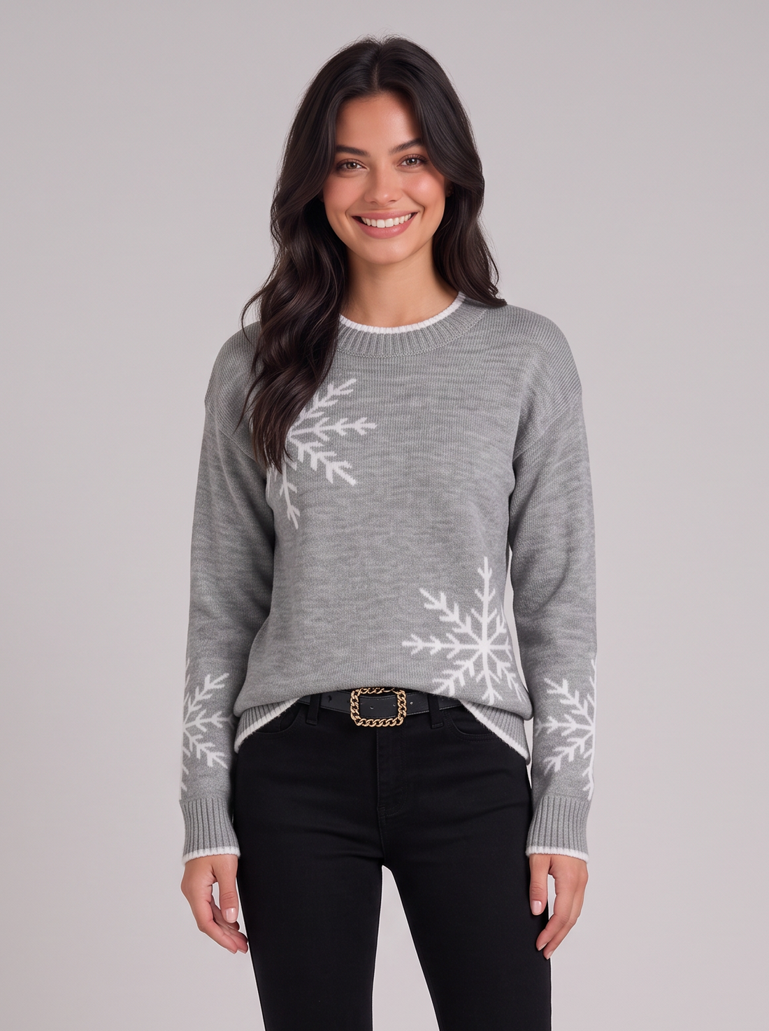 Women's grey snowflake knit sweater, front view