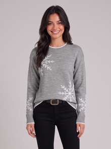 Women's grey snowflake knit sweater, front view