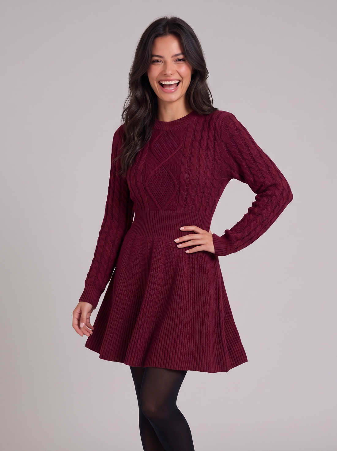Women's wine red cable-knit sweater dress