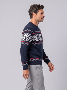 Men's navy Nordic patterned crewneck sweater, side view