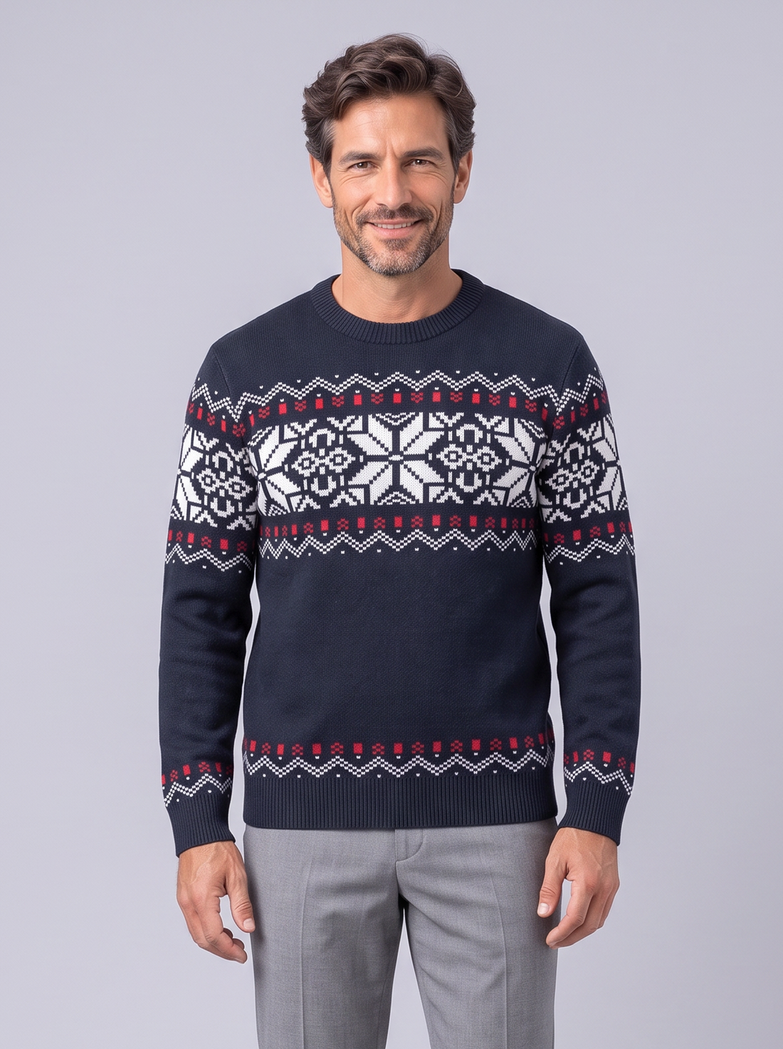 Men's navy Nordic patterned crewneck sweater, front view