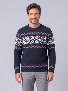 Men's navy Nordic patterned crewneck sweater, front view
