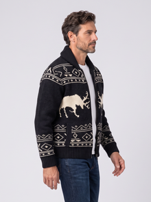 Men's black reindeer knit jacket, side view