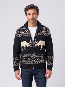 Men's black patchwork reindeer knit jacket, front view