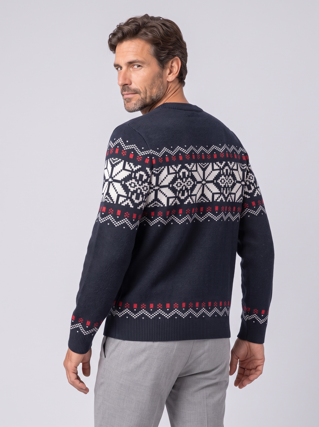 Men's navy Nordic patterned crewneck sweater, front view