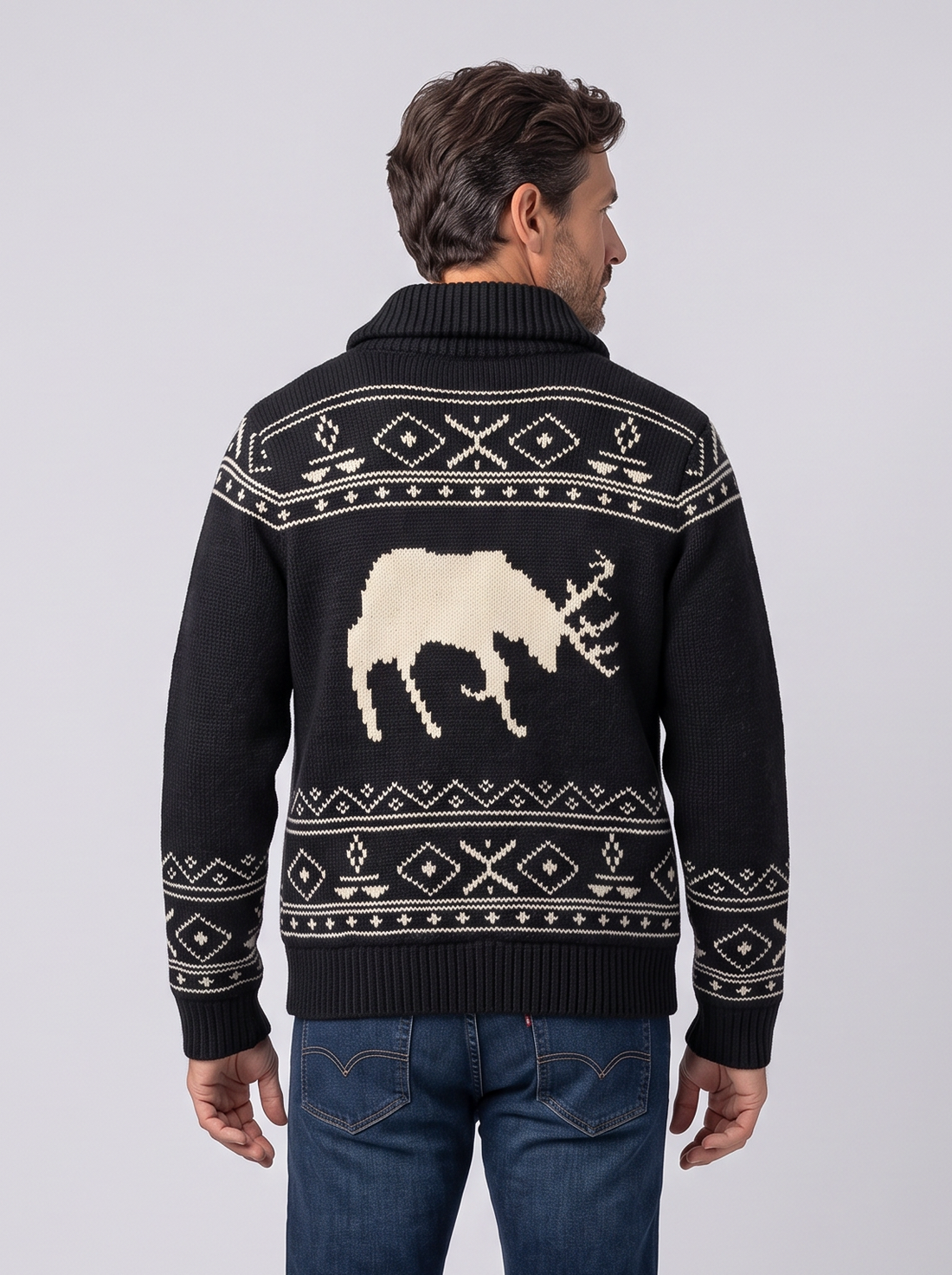 Men's black patchwork reindeer knit jacket, front view