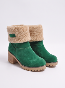 Women's green suede heat-lined ankle boots with sherpa cuff